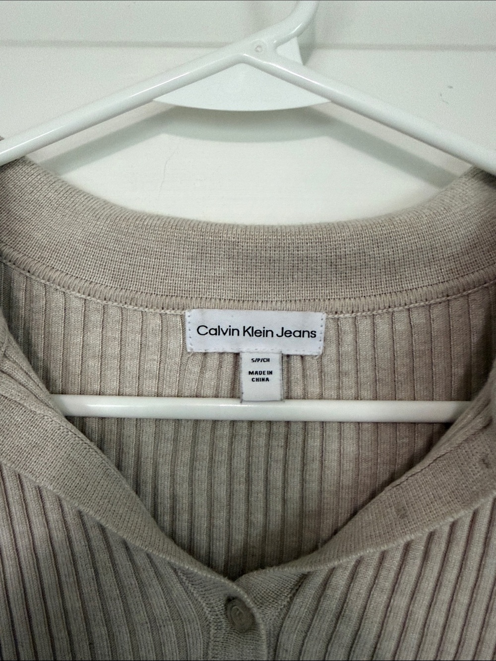 Calvin Klein Jeans Ribbed Polo Cardigan in Taupe - Picture 2 of 3
